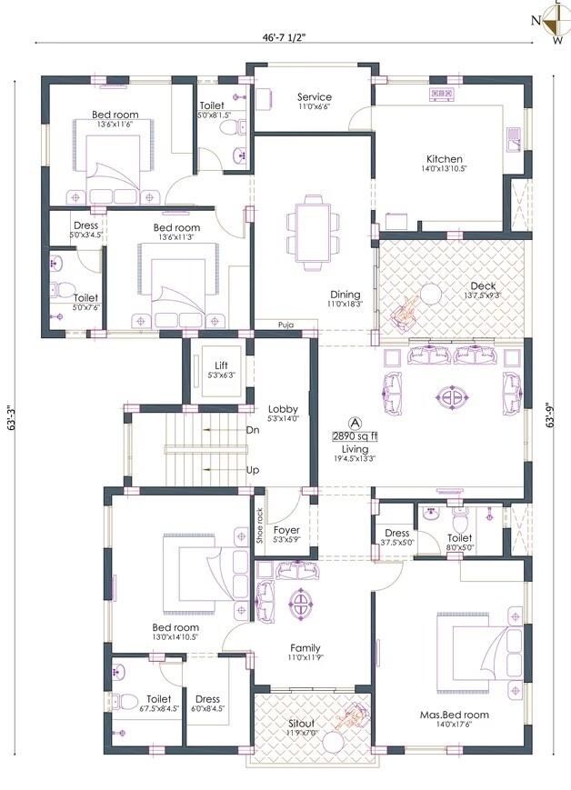 Floor plan of 3 BHK 2890 Sq. Ft. Apartment in Pushkar Madhavi, Chennai