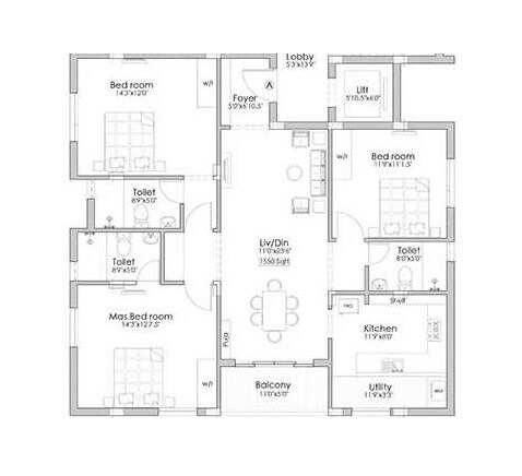 Floor plan of 3 BHK 1550 Sq. Ft. Apartment in Pushkar Mullai Manor, Chennai
