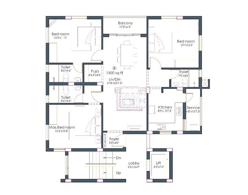 Floor plan of 3 BHK 1500 Sq. Ft. Apartment in Pushkar Nalantha, Chennai