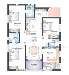 Floor plan of 3 BHK 1480 Sq. Ft. Apartment in Pushkar Pavilion, Chennai