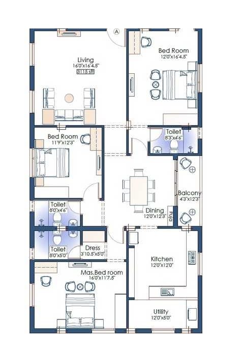 Floor plan of 3 BHK 1285 Sq. Ft. Apartment in Pushkar Radhesh, Chennai