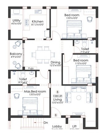 Floor plan of 3 BHK 1830 Sq. Ft. Apartment in Pushkar Radhesh, Chennai