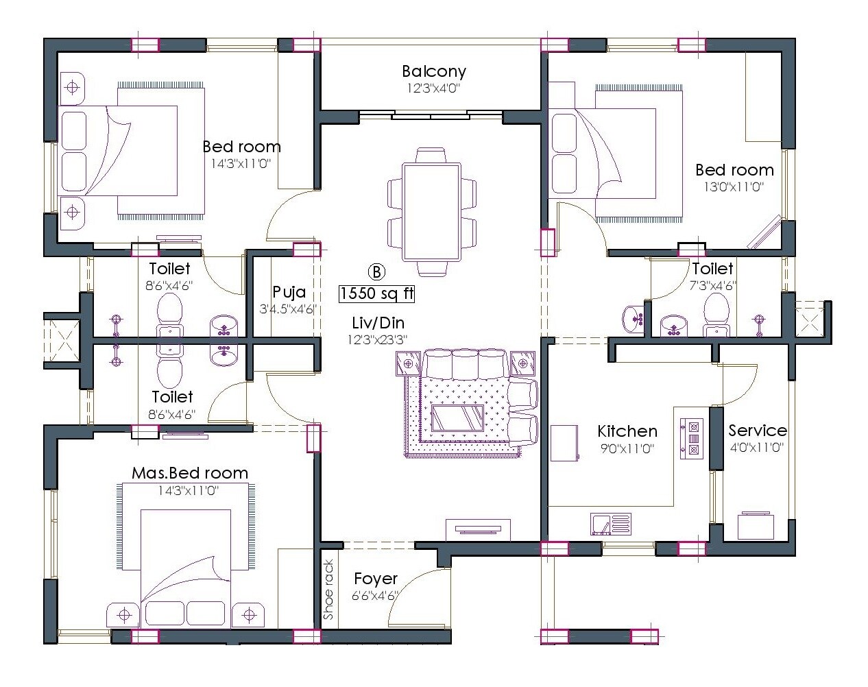 Floor plan of 3 BHK 1550 Sq. Ft. Apartment in Pushkar Royale Nalantha, Chennai