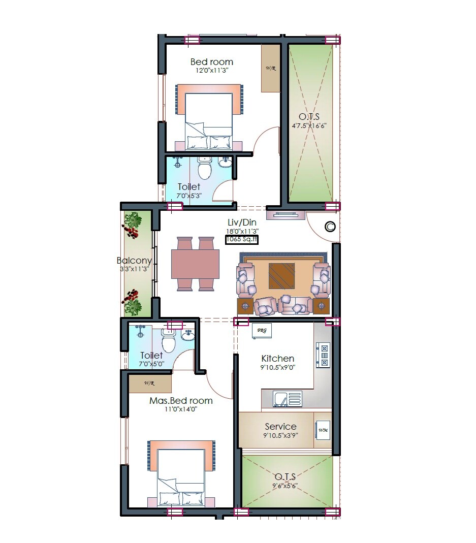 Floor plan of 2 BHK 1065 Sq. Ft. Apartment in Pushkar Temple Ridge, Chennai