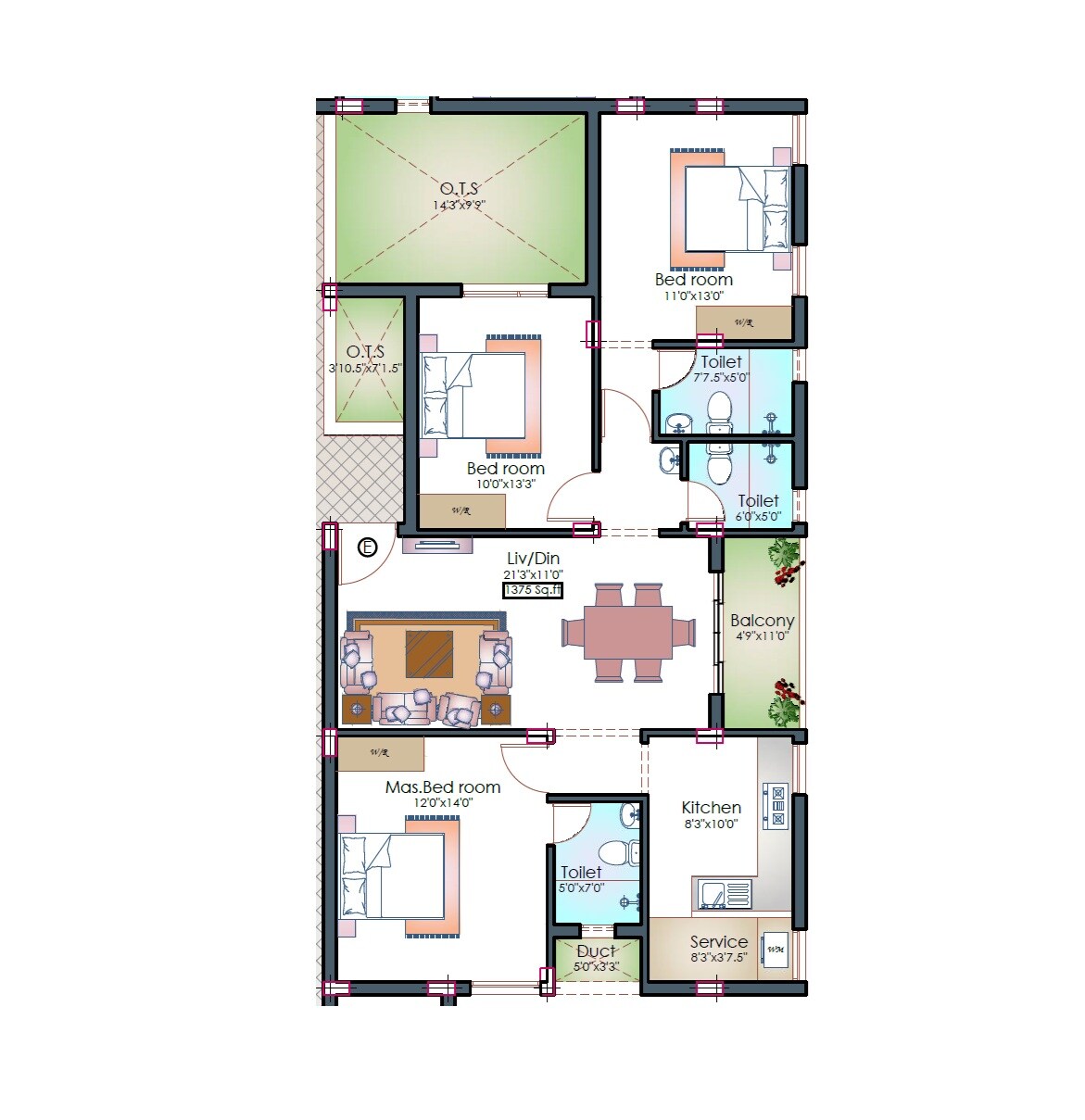 Floor plan of 3 BHK 1375 Sq. Ft. Apartment in Pushkar Temple Ridge, Chennai
