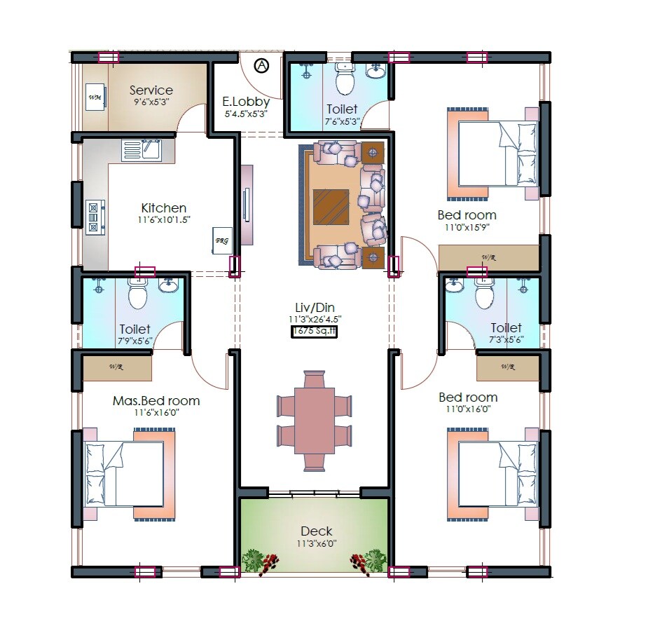 Floor plan of 3 BHK 1675 Sq. Ft. Apartment in Pushkar Temple Ridge, Chennai