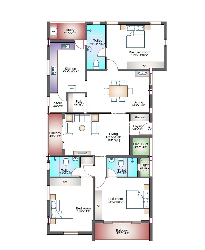 Floor plan of 3 BHK 1855 Sq. Ft. Apartment in Pushkar Tulasi, Chennai