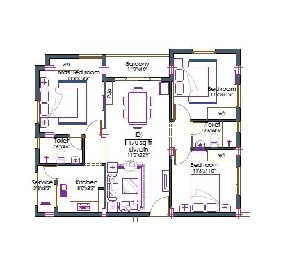 Floor plan of 3 BHK 1170 Sq. Ft. Apartment in Pushkar Vaibhav Enclave, Chennai