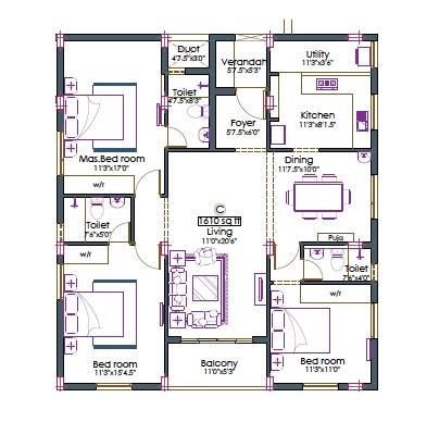 Floor plan of 3 BHK 1610 Sq. Ft. Apartment in Pushkar Vaibhav Enclave, Chennai