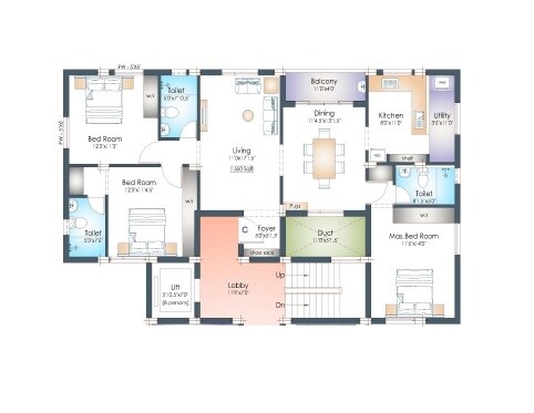 Floor plan of 3 BHK 1550 Sq. Ft. Apartment in Pushkars Kalpataru, Chennai