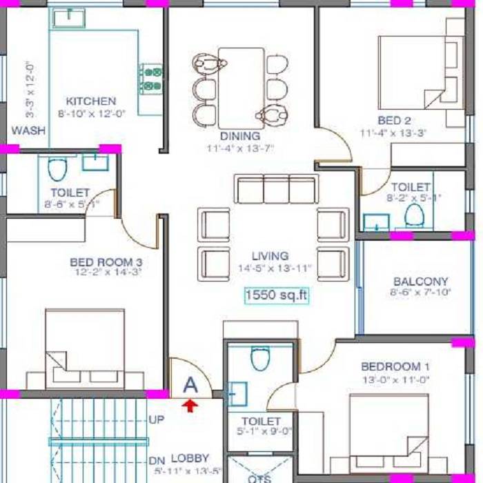 Floor plan of 3 BHK 1550 Sq. Ft. Apartment in Pushkars Phoenix, Chennai