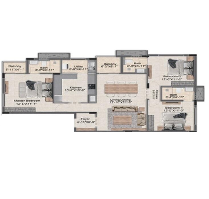 Floor plan of 3 BHK 1060 Sq. Ft. Apartment in Pushkars Temple Tree, Chennai