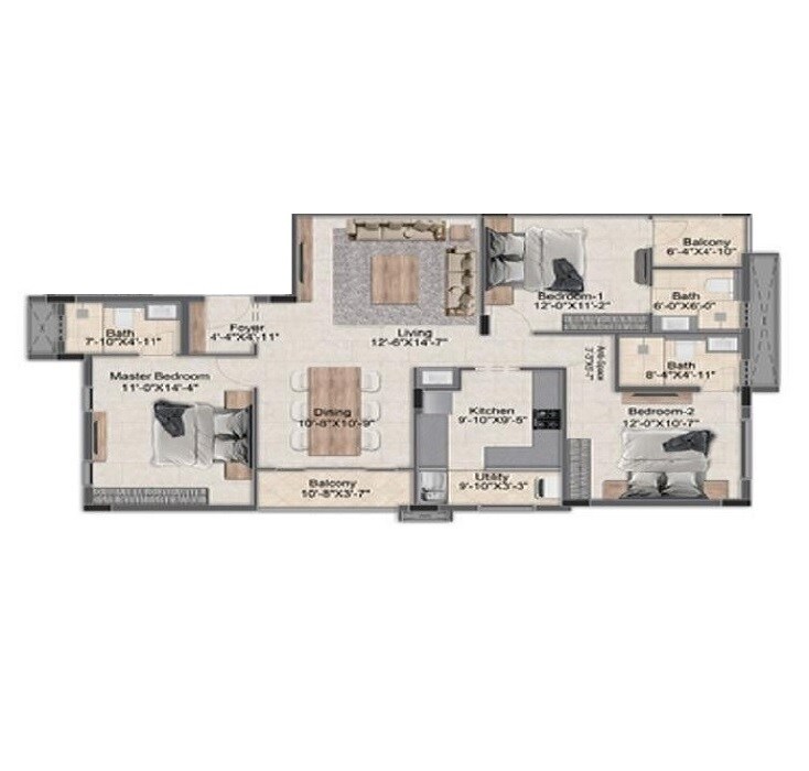 Floor plan of 3 BHK 1130 Sq. Ft. Apartment in Pushkars Temple Tree, Chennai