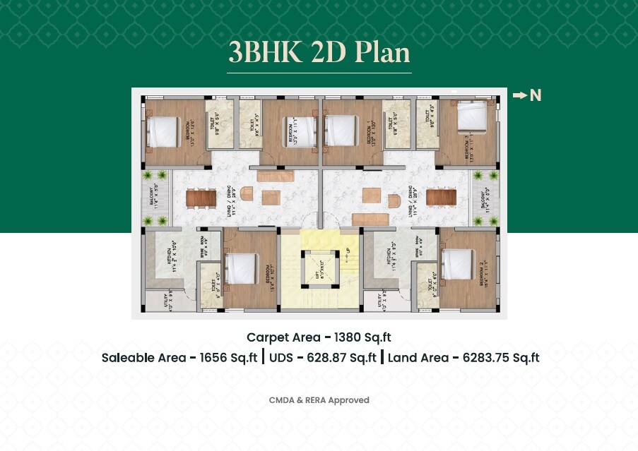 Floor plan of 3 BHK 1656 Sq. Ft. Apartment in Quality Anantha Lakshmi, Chennai