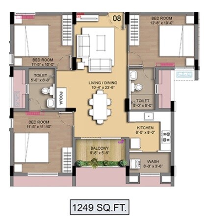 Floor plan of 2 BHK 1249 Sq. Ft. Apartment in Radiance Empire, Chennai