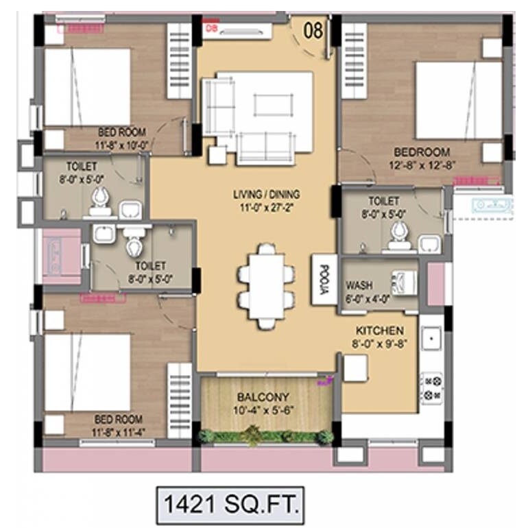 Floor plan of 3 BHK 1421 Sq. Ft. Apartment in Radiance Empire, Chennai