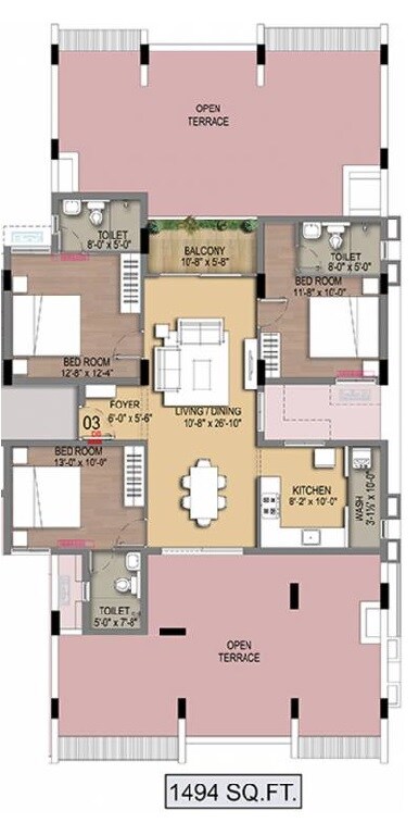 Floor plan of 3 BHK 1494 Sq. Ft. Penthouse in Radiance Empire, Chennai