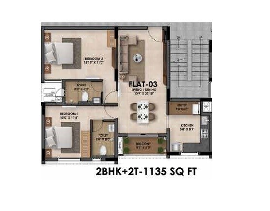 Floor plan of 2 BHK 1135 Sq. Ft. Apartment in Radiance Flourish, Chennai