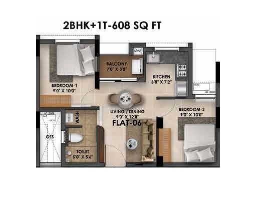 Floor plan of 2 BHK 608 Sq. Ft. Apartment in Radiance Flourish, Chennai