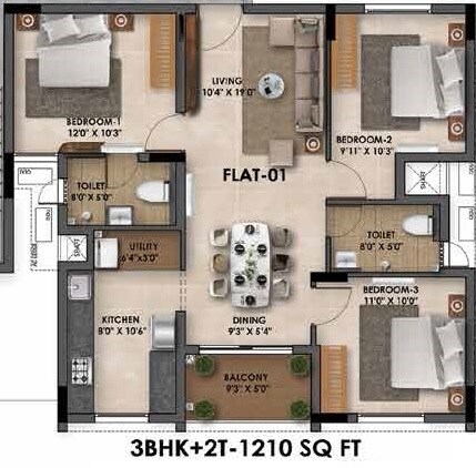 Floor plan of 3 BHK 1210 Sq. Ft. Apartment in Radiance Flourish, Chennai