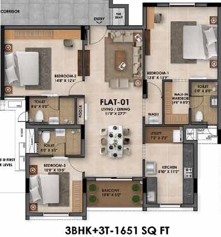 Floor plan of 3 BHK 1651 Sq. Ft. Apartment in Radiance Flourish, Chennai