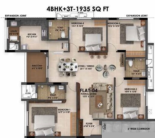 Floor plan of 4 BHK 1935 Sq. Ft. Apartment in Radiance Flourish, Chennai
