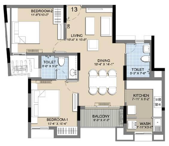 Floor plan of 2 BHK 1002 Sq. Ft. Apartment in Radiance Icon, Chennai