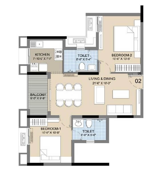 Floor plan of 2 BHK 951 Sq. Ft. Apartment in Radiance Icon, Chennai