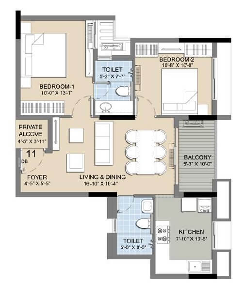 Floor plan of 2 BHK 986 Sq. Ft. Apartment in Radiance Icon, Chennai
