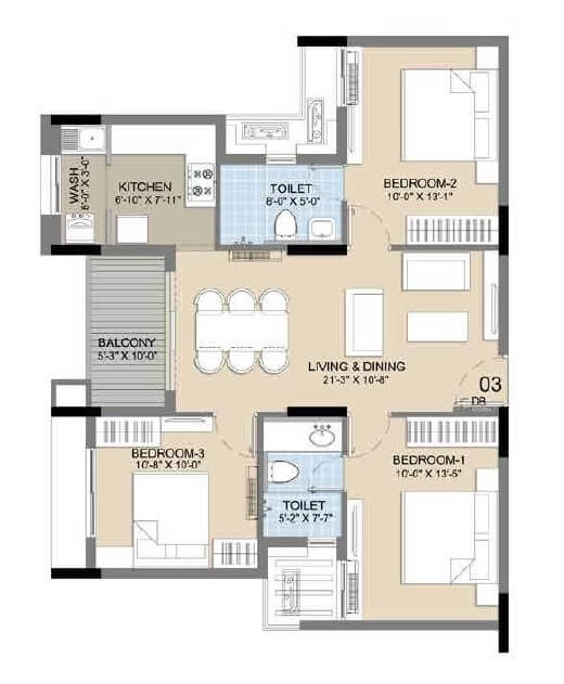 Floor plan of 3 BHK 1178 Sq. Ft. Apartment in Radiance Icon, Chennai