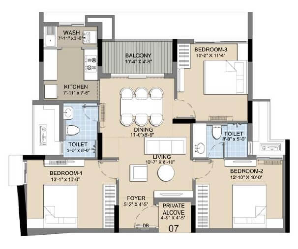 Floor plan of 3 BHK 1230 Sq. Ft. Apartment in Radiance Icon, Chennai