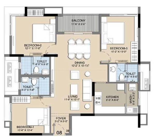 Floor plan of 3 BHK 1402 Sq. Ft. Apartment in Radiance Icon, Chennai
