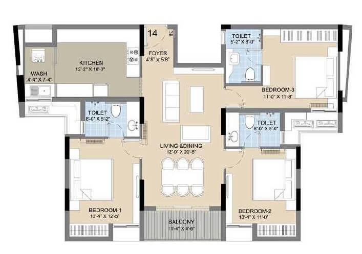 Floor plan of 3 BHK 1470 Sq. Ft. Apartment in Radiance Icon, Chennai