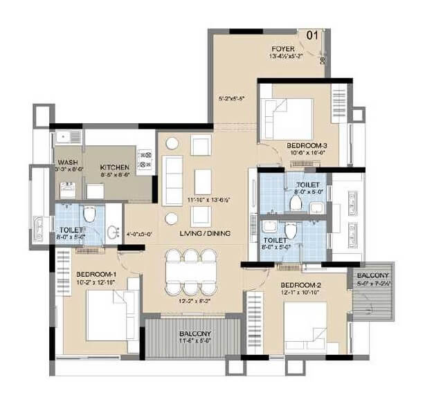 Floor plan of 3 BHK 1529 Sq. Ft. Apartment in Radiance Icon, Chennai
