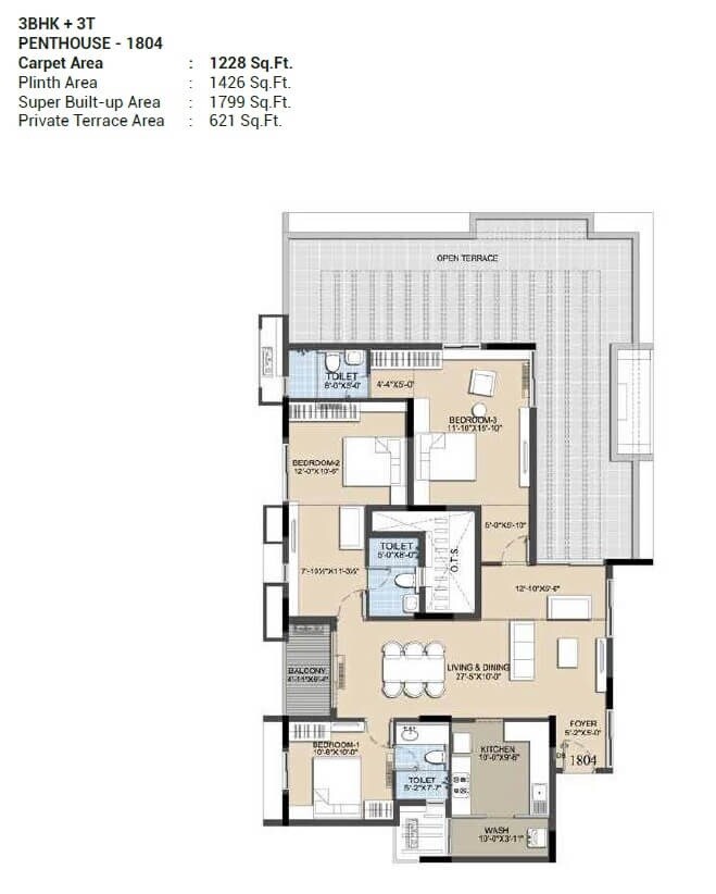 Floor plan of 3 BHK 1799 Sq. Ft. Penthouse in Radiance Icon, Chennai