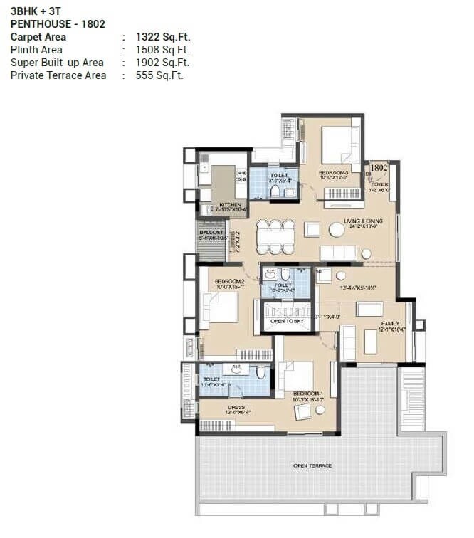 Floor plan of 3 BHK 1902 Sq. Ft. Penthouse in Radiance Icon, Chennai
