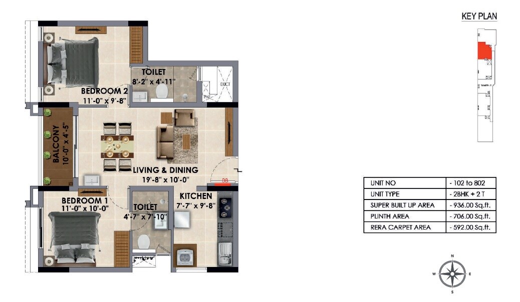 Floor plan of 2 BHK 936 Sq. Ft. Apartment in Radiance Majestic, Chennai