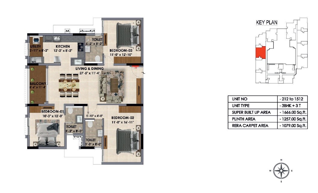 Floor plan of 3 BHK 1666 Sq. Ft. Apartment in Radiance Majestic, Chennai