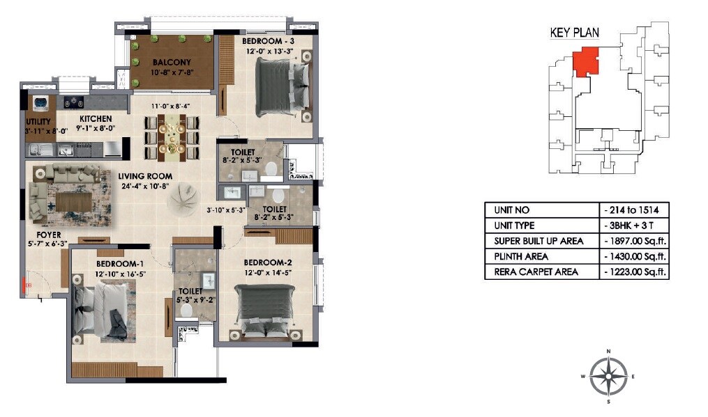 Floor plan of 3 BHK 1897 Sq. Ft. Apartment in Radiance Majestic, Chennai