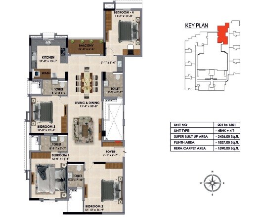 Floor plan of 4 BHK 2436 Sq. Ft. Apartment in Radiance Majestic, Chennai