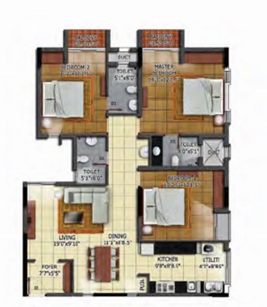 Floor plan of 3 BHK 1813 Sq. Ft. Apartment in Radiance Mandarin Cozy, Chennai