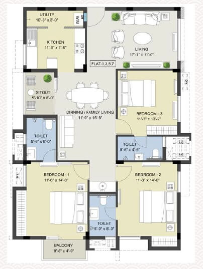 Floor plan of 3 BHK 1606 Sq. Ft. Apartment in Radiance Rajshri, Chennai