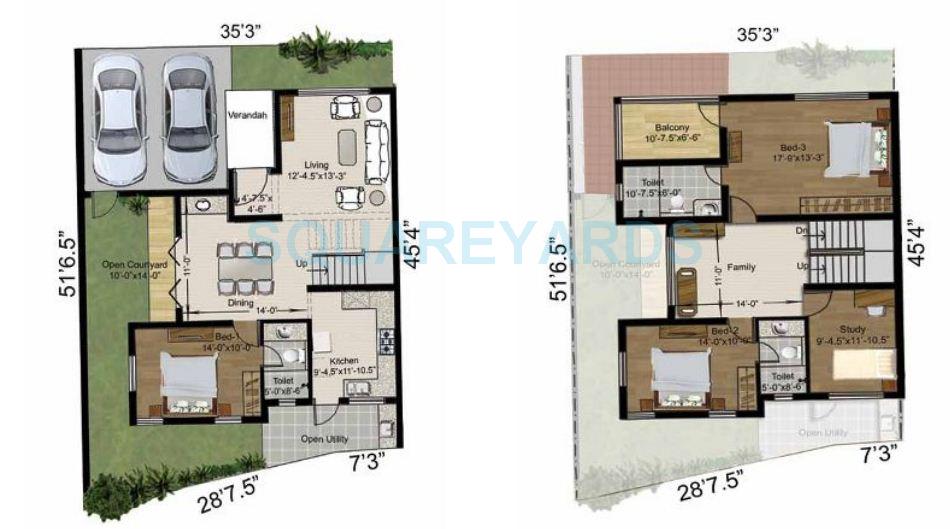 Floor plan of 3 BHK 2439 Sq. Ft. Villa in Radiance Realty Lake Front, Chennai