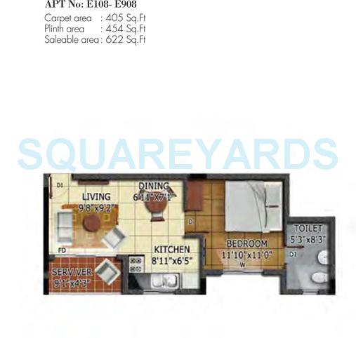 Floor plan of 1 BHK 622 Sq. Ft. Apartment in Radiance Realty Mandarin, Chennai
