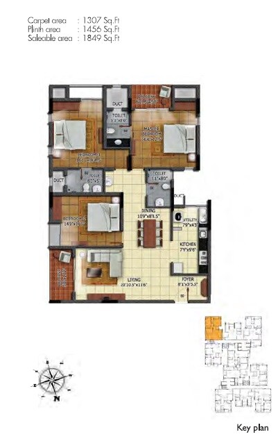 Floor plan of 3 BHK 1849 Sq. Ft. Apartment in Radiance Realty Mandarin, Chennai