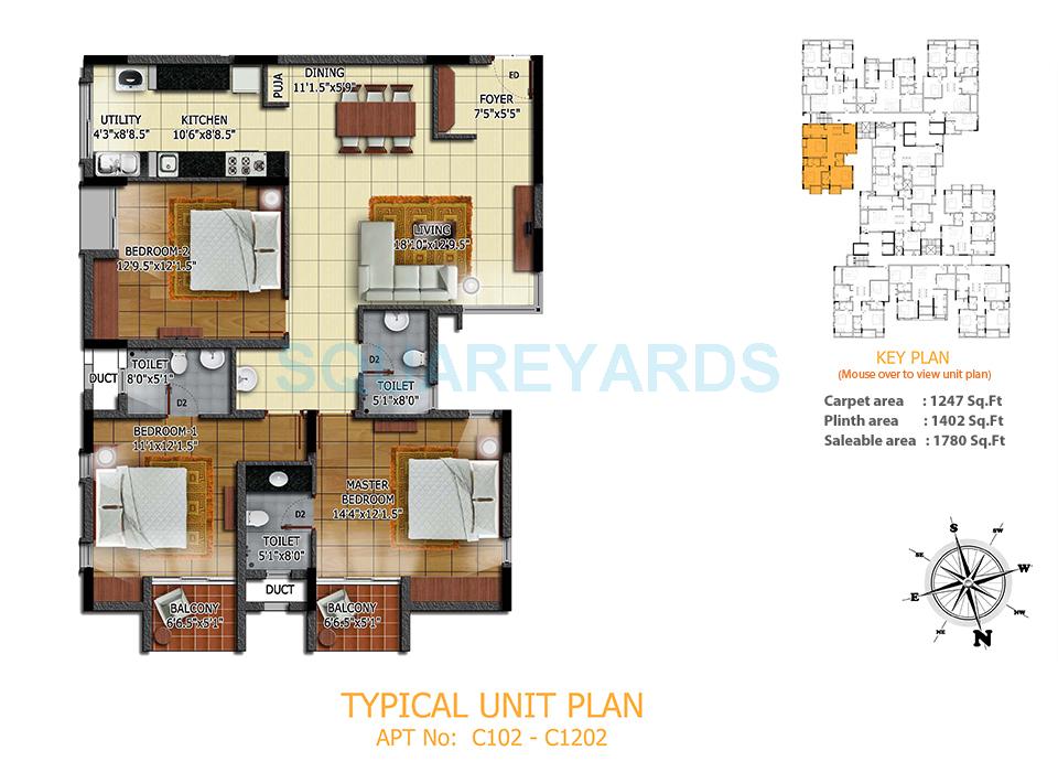 Floor plan of 3 BHK 1780 Sq. Ft. Apartment in Radiance Realty Mandarin, Chennai