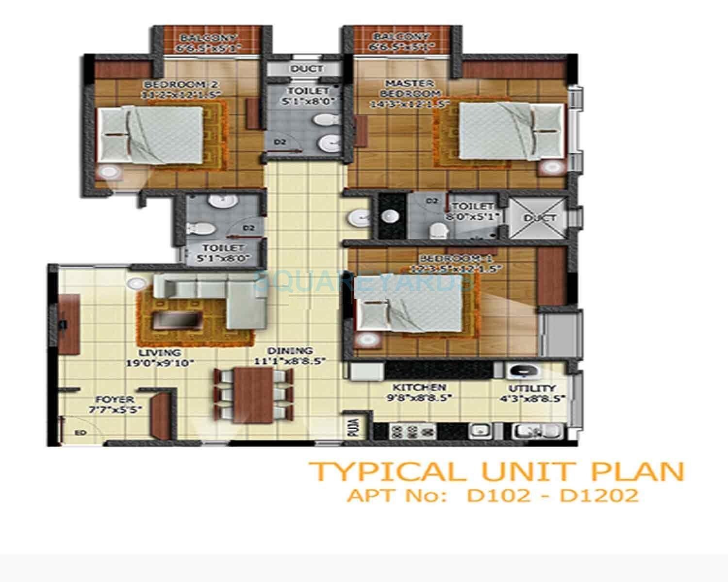 Floor plan of 3 BHK 2375 Sq. Ft. Apartment in Radiance Realty Mandarin, Chennai