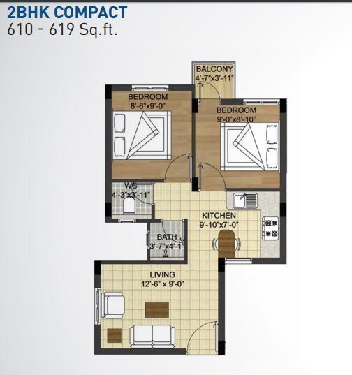 Floor plan of 2 BHK 610 Sq. Ft. Apartment in Radiance Realty Mercury, Chennai