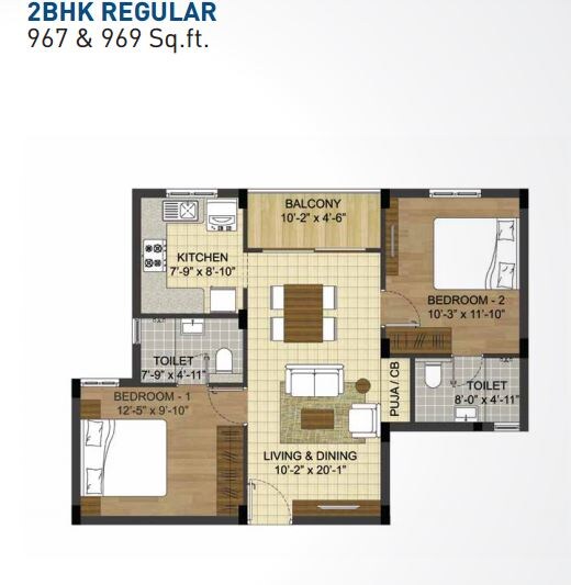 Floor plan of 2 BHK 967 Sq. Ft. Apartment in Radiance Realty Mercury, Chennai