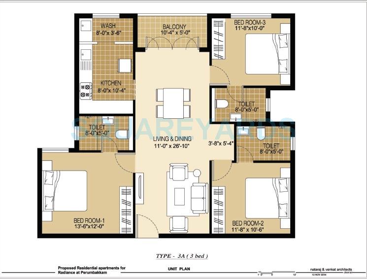 Floor plan of 3 BHK 1473 Sq. Ft. Apartment in Radiance Realty Mercury, Chennai